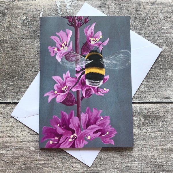 Greeting card with image of bumblebee on purple loosestrife flowers